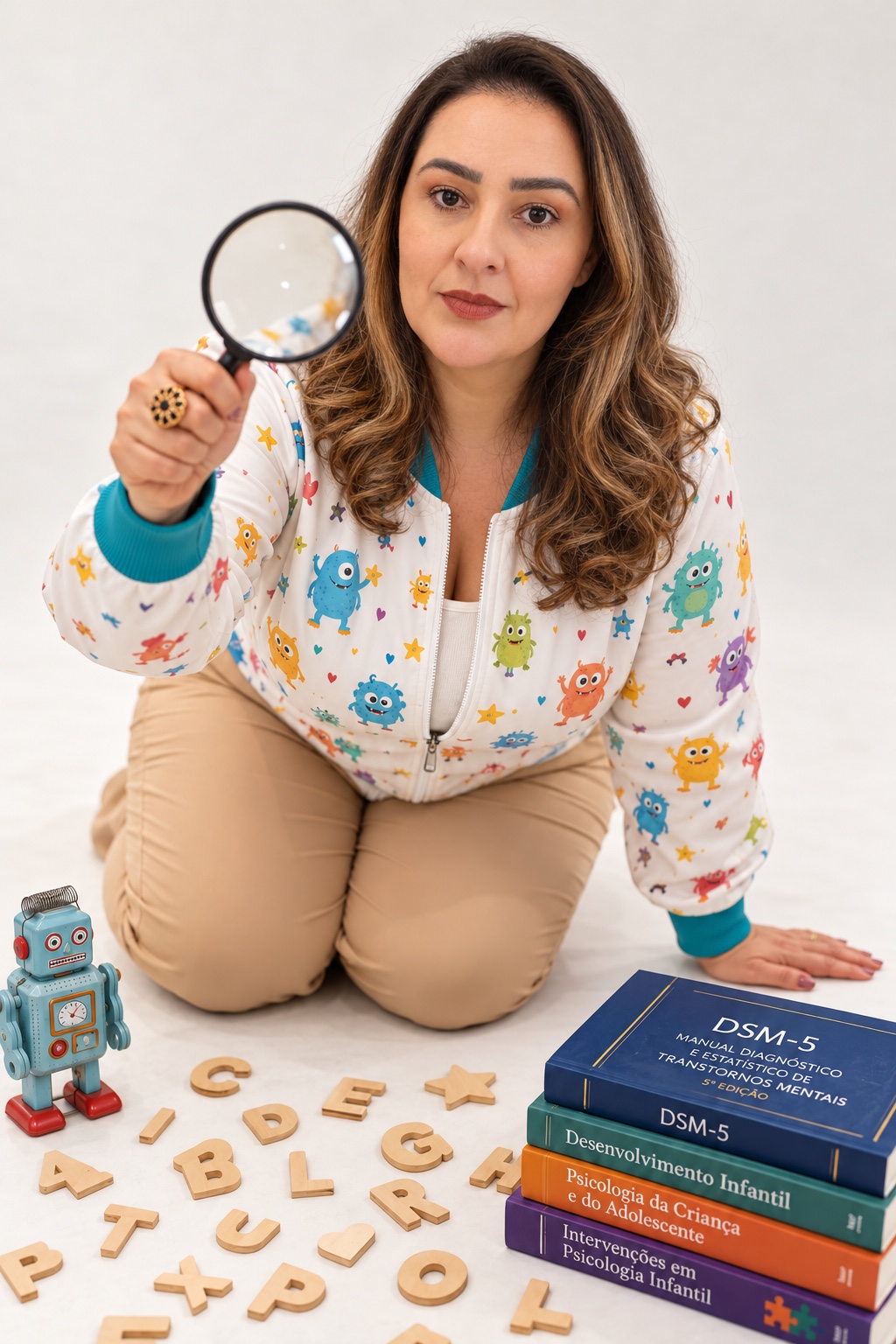 Tatiane Rusciolelli em retrato profissional com materiais ligados ao desenvolvimento infantil